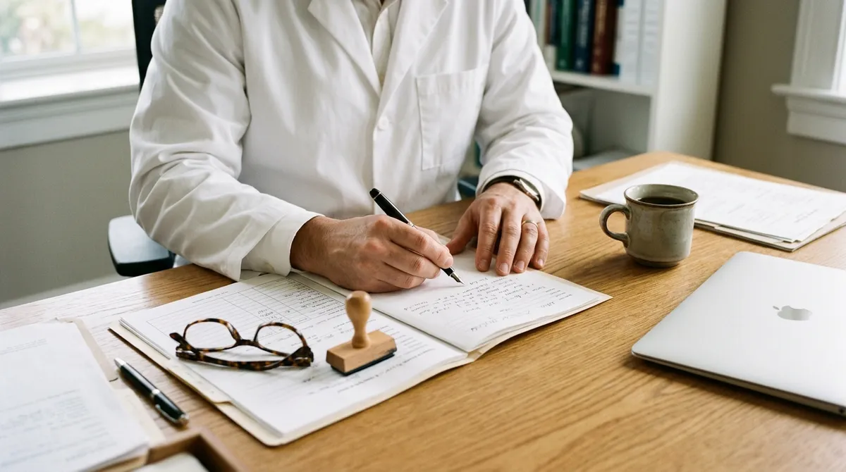 Médecin annotant un dossier de consultation